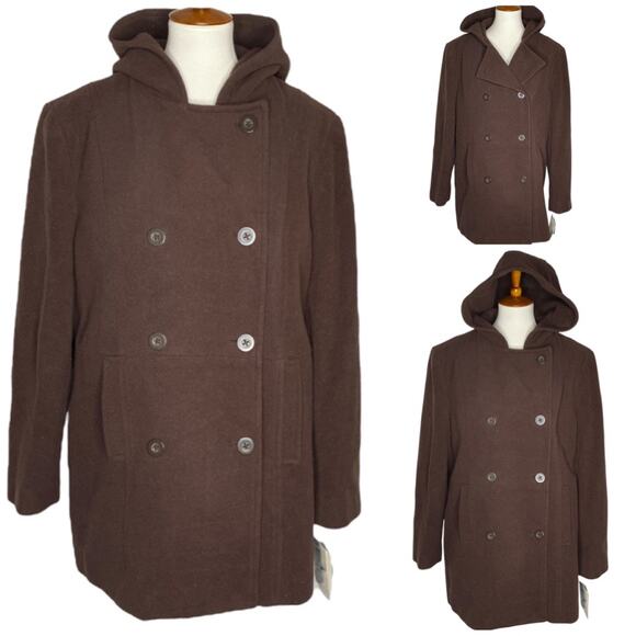 Vtg NWT Jacklyn Smith Womens Double Breasted Wool Pea Coat Brown Hooded XL Y2K - Picture 1 of 16